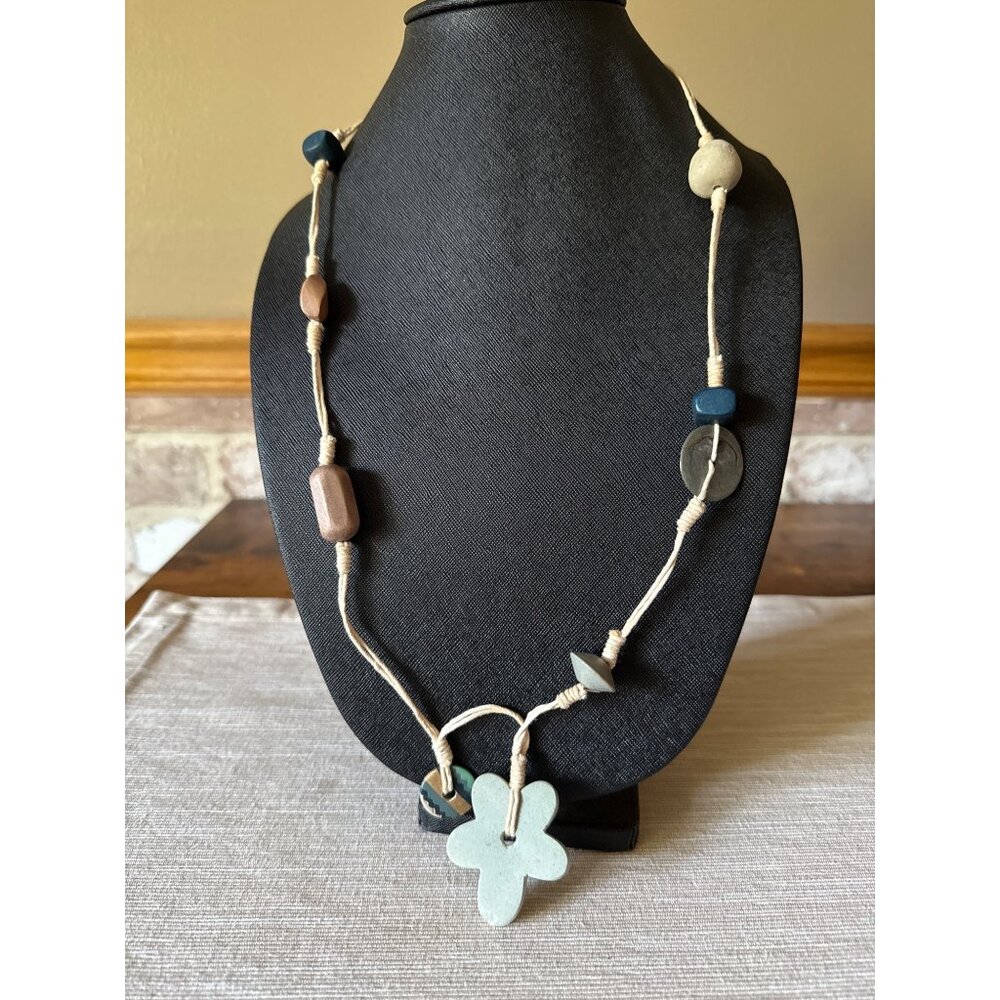 Boho Artisan Beaded Necklace Natural Cord Flower Pendant Tribal Hippie Festival